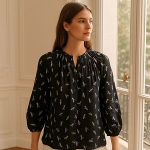 Tucker - Silk Blouse - Black with Blue Moth Print